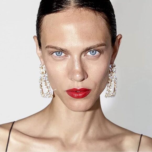 Yellow Gold with Iridescent AB Crystal Geometric Rectangle Post Back Earrings - Picture 5 of 6